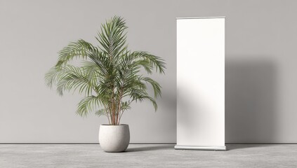 Aufkleber - Blank Roll-Up Banner Stand Mockup With Palm Plant, Ideal for Trade Show Advertising and Interior Design Promotion : Generative AI
