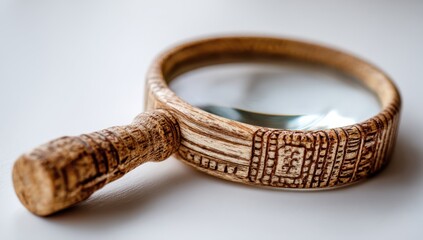 Leinwandbilder - Magnifying Glass With Carved Wooden Handle on White Surface, Symbolizing Investigation and Detail-Oriented Research : Generative AI