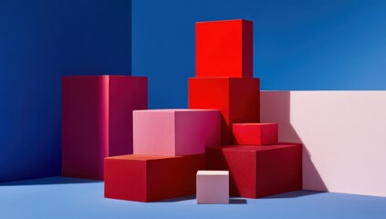 Poster - Geometric Composition of Colorful Cubes Against Blue Backdrop, Symbolizing Modern Design and Creative Solutions for Business and Marketing : Generative AI