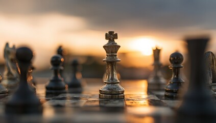 Aufkleber - Chess King Piece Standing Tall at Sunset, Symbolizing Strategic Leadership and Business Competition : Generative AI