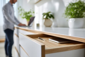 Leinwandbilder - Man Working From Home on Laptop With Open Drawer, Representing Modern Lifestyle and Productivity, With Focus on Work-Life Balance and Remote Work : Generative AI