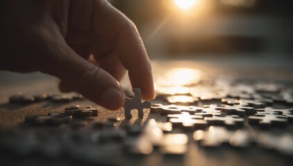 Aufkleber - Hand Placing Puzzle Piece at Sunset, Symbolizing Problem Solving and Strategic Partnership in Business : Generative AI