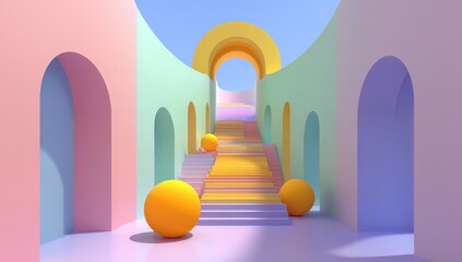 Poster - Pastel Arches and Stairway With Yellow Spheres, Representing Architectural Harmony and Creative Vision, Ideal for Design and Construction Projects : Generative AI