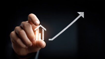 Poster - Hand Touching Growing Chart on Dark Background, Depicting Financial Growth and Investment Strategy for Business Success : Generative AI