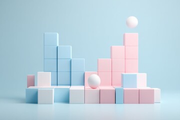 Poster - Pastel Cubes Arranged Like Stairs With Spheres, Representing Growth and Career Advancement, On Light Blue Background : Generative AI