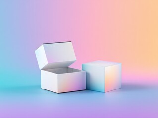 Aufkleber - Open White Box and Closed Cube on Holographic Gradient, Representing Unboxing Experience and Product Presentation for E-Commerce Marketing : Generative AI