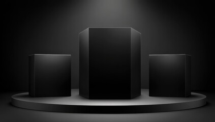 Poster - Three Black Geometric Shapes on a Round Platform, Ideal for Product Display or Conceptual Mockup, Representing Modern Minimalism and Sophisticated Presentation : Generative AI