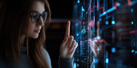 Aufkleber - Young woman with glasses interacts with futuristic digital interface, analyzing data visualization in dark room