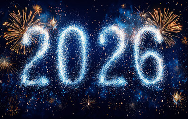 Wall Mural - Radiant blue 2026 numbers formed from sparkles and surrounded by golden fireworks in night sky celebrating New Year with energy and joy Generative AI