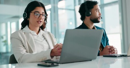 Aufkleber - Call center, laptop and talking with business woman in office for sales consultant, advice and help desk. Feedback, contact us and B2B team with employees in telecom agency for customer service