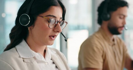 Aufkleber - Call center, woman and customer service in office with crm, communication and online consultant. Contact us, headset and technical support help with agent, coworking and hotline for operator advice