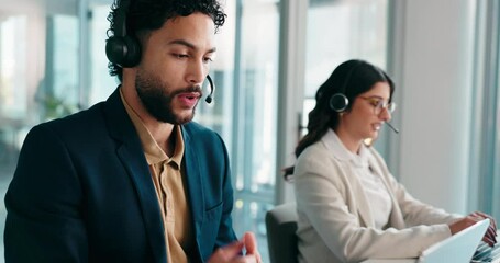 Aufkleber - Call center, smile and talking with business man in office for sales consultant, advice and help desk. Feedback, contact us and b2b team with employees in communication agency for customer service