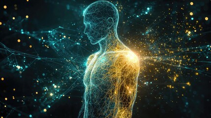 Wall Mural - ethereal human figure connected to glowing energy fields, thin lines connecting body to universe, he