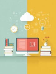 Leinwandbilder - Comparison of Traditional and Online Learning Methods Highlighting the Advantages of E-Learning With a Modern and Simple Layout for Educational Purposes