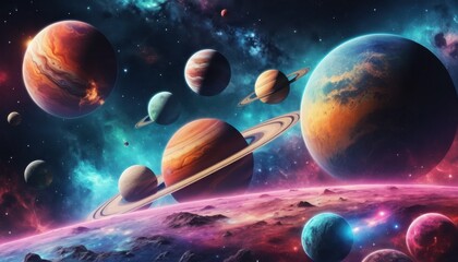 an abstract blue illustration of planet earth, moon, and stars orbiting in the night sky