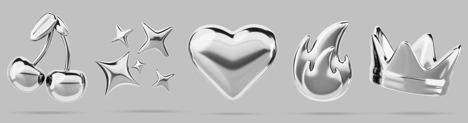 3d set of liquid chrome y2k shape render icon. Silver metal crown, cherry, heart, flame and stars in retro futuristic aesthetic style. Abstract design elements of aluminum or platinum. 3D illustration