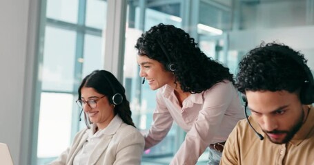 Aufkleber - Call center, manager and people help on laptop for online consulting, contact and feedback. Team, corporate office and mentor with woman on computer for customer service, training and CRM support