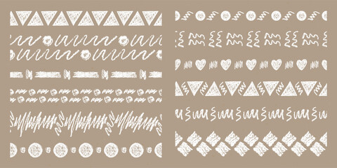 Wall Mural - Set of Horizontal Seamless Borders Chalk Drawn Sketches of White Scribbles.