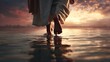© vetrana - Jesus walks on water at sunset, embodying faith and tranquility while touching the surface