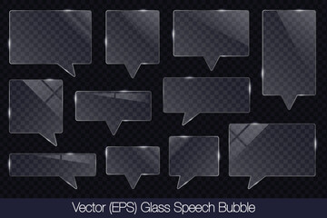 Realistic 3D transparent glass speech bubble in square and rectangle shape with glare, flat glass or plastic plate, flat transparent glass lens, realistic screen glass, window mockup