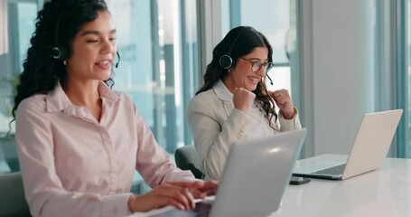 Aufkleber - Call center, business people or agent with laptop for fist pump, crm help or success for sales goal. Coworking, consultant and woman in office for telemarketing, promotion and colleague for support