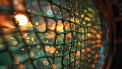 Abstract close up photograph of a safety net and bokeh lights in warm colors