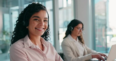 Aufkleber - Face, call center and women in office, smile and confidence with career ambition, help desk and pc. Portrait, happy person or employees in workplace, headset or customer support with friendly service