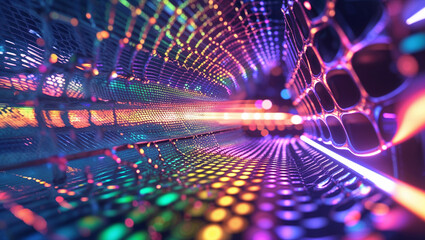 abstract digital futuristic tunnel with vibrant glowing lights and data network visuals