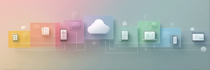 Aufkleber - Cloud Storage Concept Infographic Featuring Devices and Interactions With a Central Cloud Icon in a Modern Flat Design Style