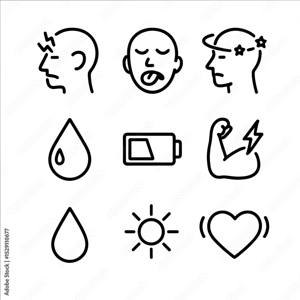 Dehydration Symptoms Icons. Outline icon set of dehydration symptoms ...