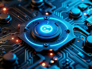 Wall Mural - close-up of a glowing blue power button on a detailed electronic motherboard circuitry