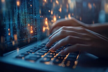 hands typing on a laptop keyboard with digital code overlay, symbolizing programming, cybersecurity,