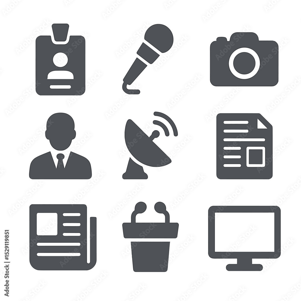 Media Icons Grid. Flat icon set of media relations: press pass ...
