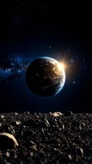 Wall Mural - Ethereal planet rises above rocky surface, with bright star and nebula in deep space background, evoking cosmic wonder