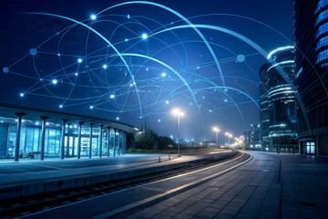 night cityscape with modern buildings connected by digital network lines symbolizing technology and 