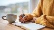 © Aleksandr S - Hands of a person are writing in a notebook, surrounded by a warm atmosphere. A cup of tea rests on the table as they engage in reflective healing practices