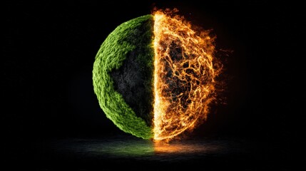 Wall Mural - a green and black planet with a fire on one side
