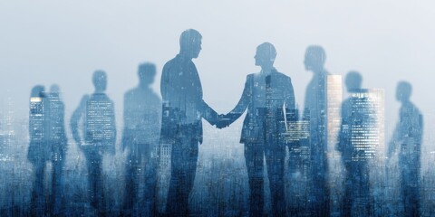 Aufkleber - Business People Shaking Hands Over City Skyline, Symbolizing Partnership and Corporate Synergy for Global Expansion and Innovation : Generative AI