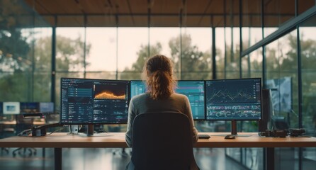 Poster - Woman Analyzing Stock Market Data on Multiple Monitors, Representing Financial Investment and Data Analysis for Business Decisions : Generative AI