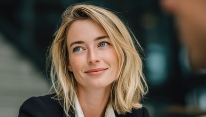 Aufkleber - Blonde Woman Smiling and Looking Upward in Business Meeting, Representing Leadership and Corporate Mentorship, with Focus on Positive Communication and Collaboration : Generative AI