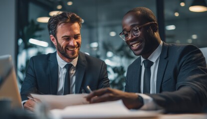Aufkleber - Two Smiling Businessmen Reviewing Documents in Office, Representing Collaboration and Corporate Strategy for Business Development and Mentorship Programs : Generative AI