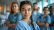 © Pinklife - A confident healthcare worker stands in front of a medical team, showcasing professionalism and teamwork in a hospital environment with an inspiring atmosphere.