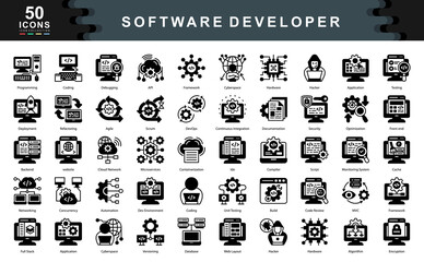 the software developer black icon set captures essential aspects of programming, agile workflows, sy