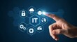 © BeeStock - Hand touching it technology icons representing cloud computing and cybersecurity