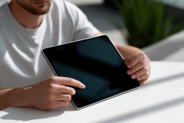 Aufkleber - Man Using Tablet Computer at Desk, Representing Digital Transformation and Modern Communication for Business and Personal Growth : Generative AI