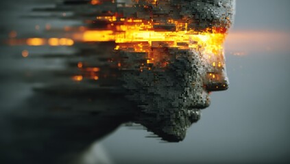 Poster - Abstract Pixelated Humanoid Head With Glowing Eyes, Symbolizing Artificial Intelligence and Technological Innovation in Recruitment and Digital Transformation Projects : Generative AI