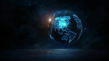Poster - A glowing digital Earth hologram floats in a dark space, illuminated by blue and orange lights, suggesting technology and global connectivity.