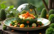 © li - Whimsical World on a Plate A Surreal and Fantastical Food Themed Diorama Showcasing a Globe Shaped Dish Nestled Among Lush Greenery and Vibrant Botanicals. High quality