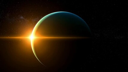 Wall Mural - Cinematic view of a planet emerging from the darkness with a radiant sunrise, stars shining brightly in the deep space backdrop