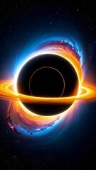 Wall Mural - Stellar black hole with accretion disk and light bending in dark starry space, colorful outer rim, cosmic event horizon, abstract singularity